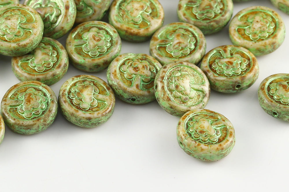 Lucky Tree 14mm Alabaster Travertin With Metallic Green 1-hole Czech Beads
