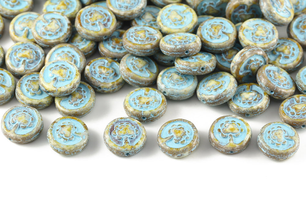 Lucky Tree 14mm Alabaster Travertin With Blue 1-hole Czech Beads