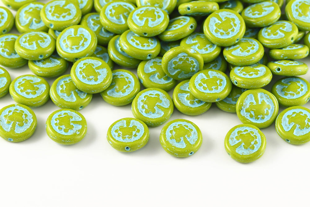 Lucky Tree 14mm Opaque Olivine With Blue 1-hole Czech Beads