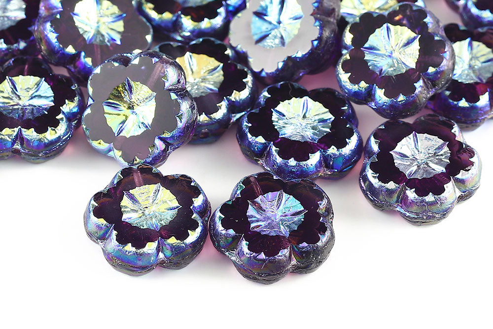 Bombax Flowers 17mm Tanzanite AB Full 1-Hole Czech Beads