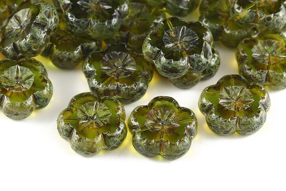 Bombax Flowers 17mm Lt.Olivine Travetine 1-Hole Czech Beads