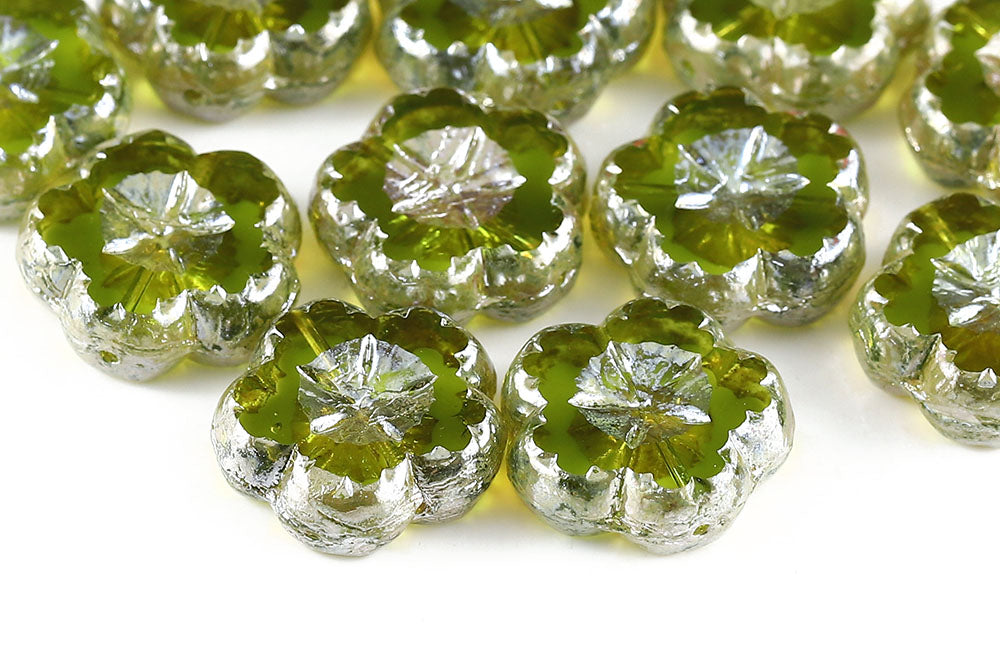 Bombax Flowers 17mm Olivine Picasso 1-Hole Czech Beads
