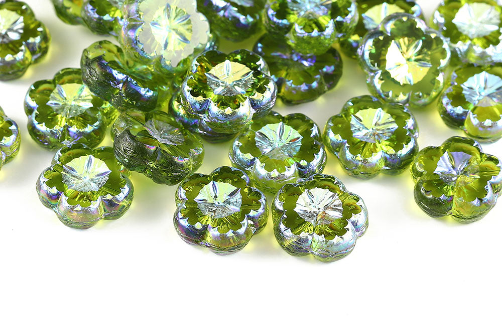 Bombax Flowers 17mm Olivine AB Full 1-Hole Czech Beads