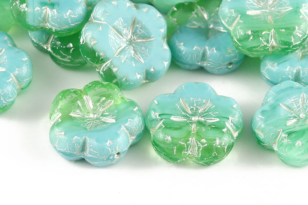 Bombax Flowers 17mm Green Blue Mixed With White 1-Hole Czech Beads