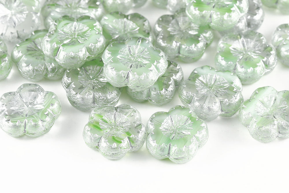 Bombax Flowers 17mm White Green Stripes Silver Finish 1-Hole Czech Beads