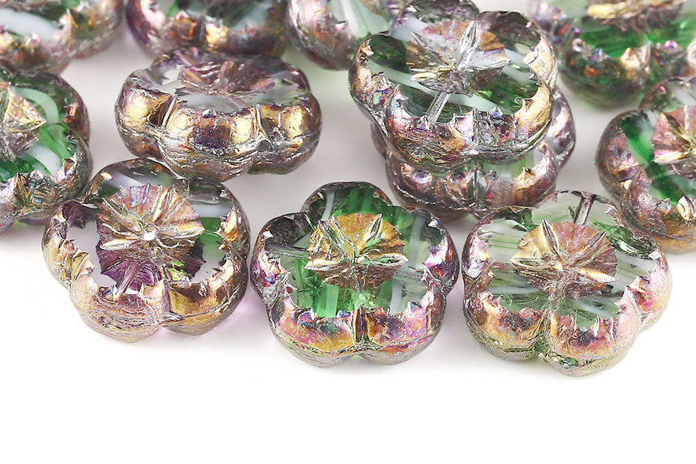 Bombax Flowers 17mm White Green Stripes Purple Iris Finish 1-Hole Czech Beads