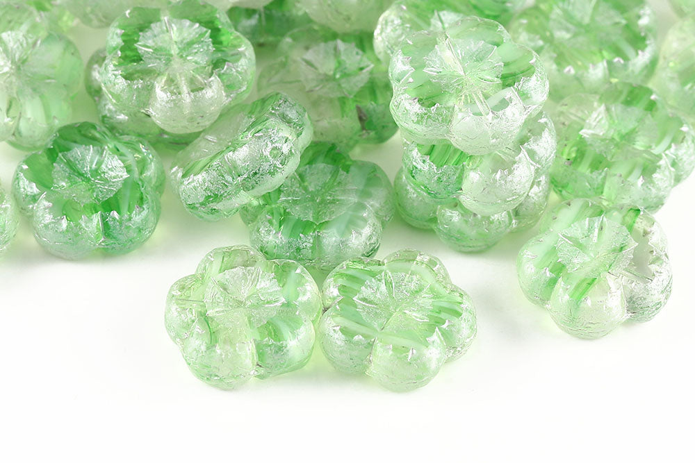 Bombax Flowers 17mm White Green Stripes Silver Powder Finish 1-Hole Czech Beads