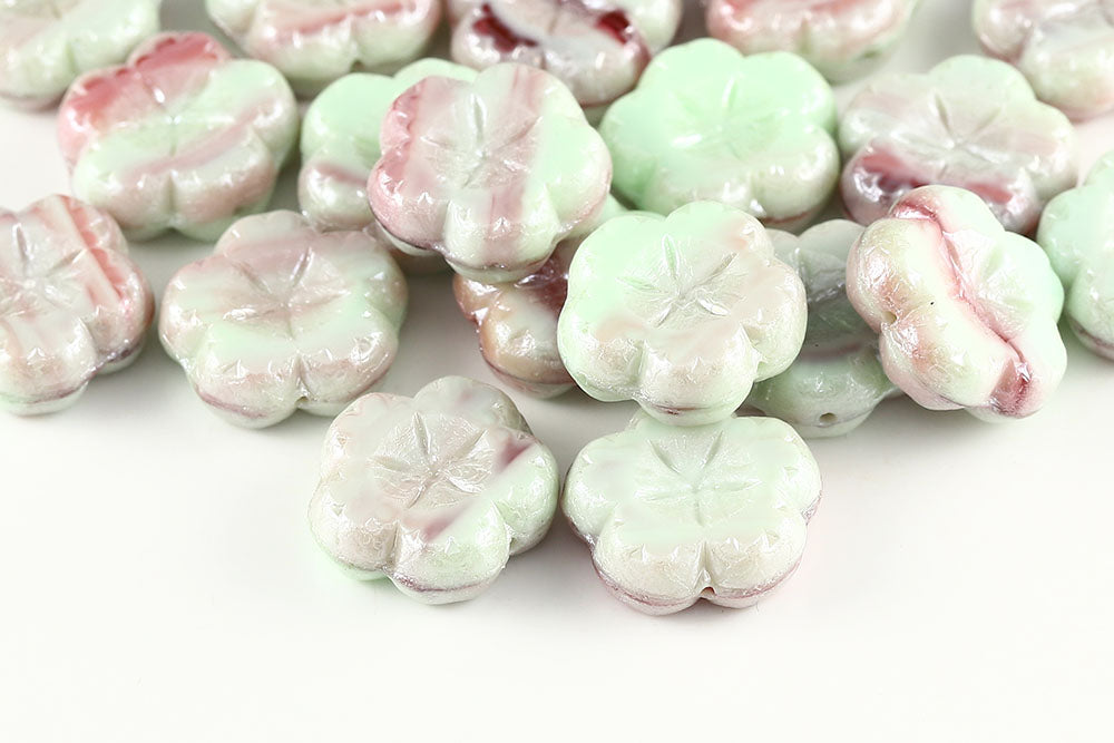 Bombax Flowers 17mm Opaque Green Red Mix Luster 1-Hole Czech Beads