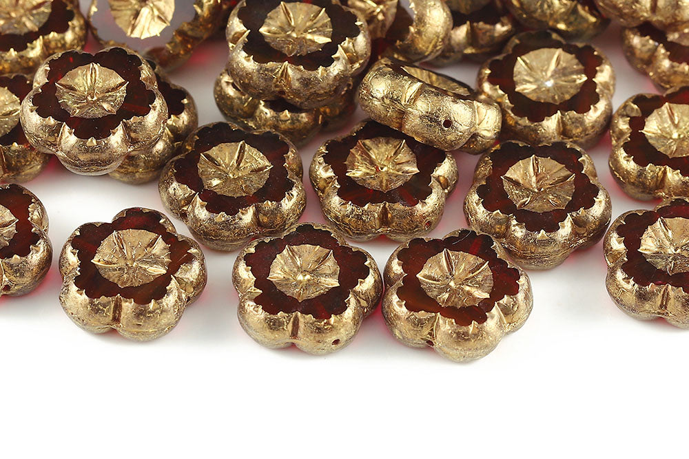 Bombax Flowers 17mm Bordeaux Red Gold Bronze 1-Hole Czech Beads