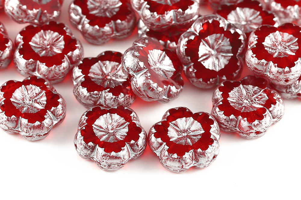Bombax Flowers 17mm Siam Silver Finish 1-Hole Czech Beads