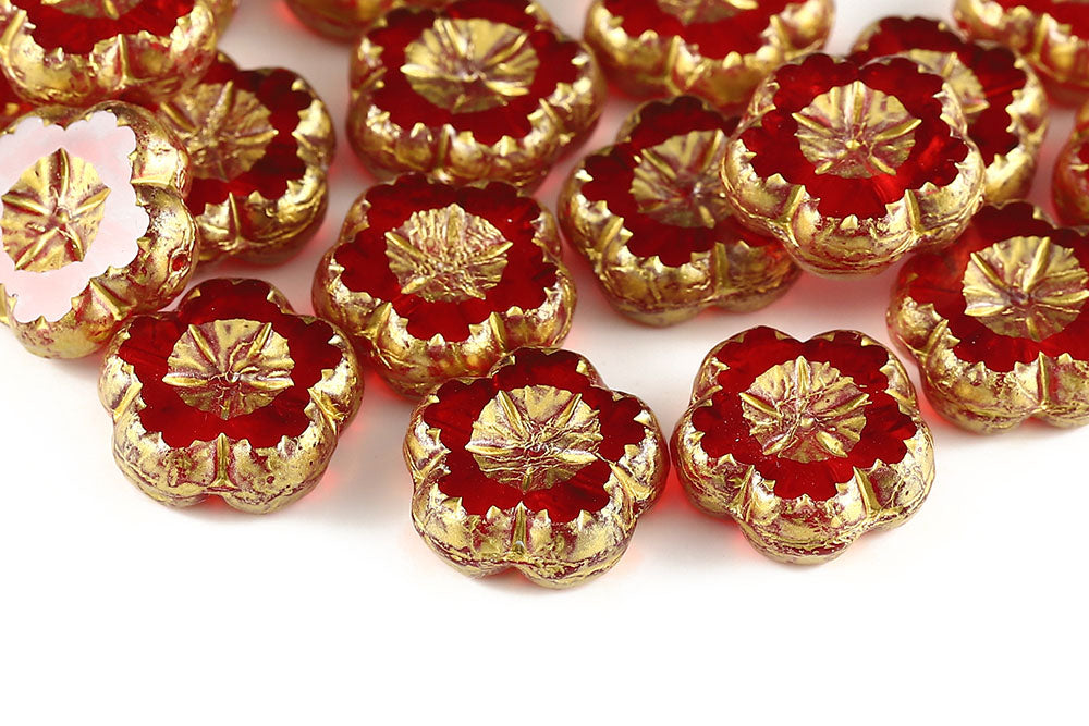 Bombax Flowers 17mm Siam Gold Finish 1-Hole Czech Beads