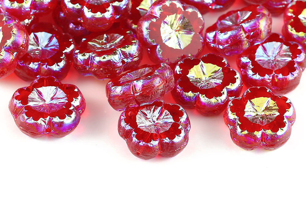 Bombax Flowers 17mm Siam AB Full 1-Hole Czech Beads