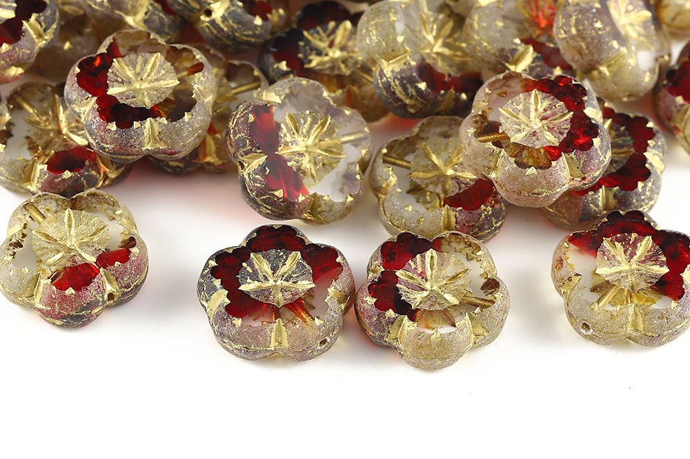 Bombax Flowers 17mm Crystal Siam Mixed Travetine With Gold 1-Hole Czech Beads