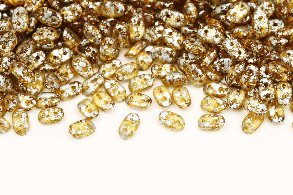 Wave 3×7mm Silver Splash Topaz 2-Hole Czech Beads