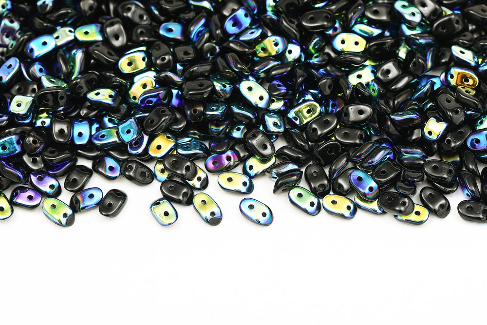 Wave 3×7mm Black AB 2-Hole Czech Beads