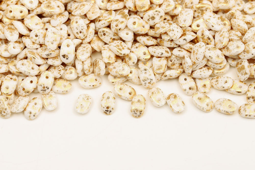 Wave 3×7mm Gold Splash Chalk 2-Hole Czech Beads