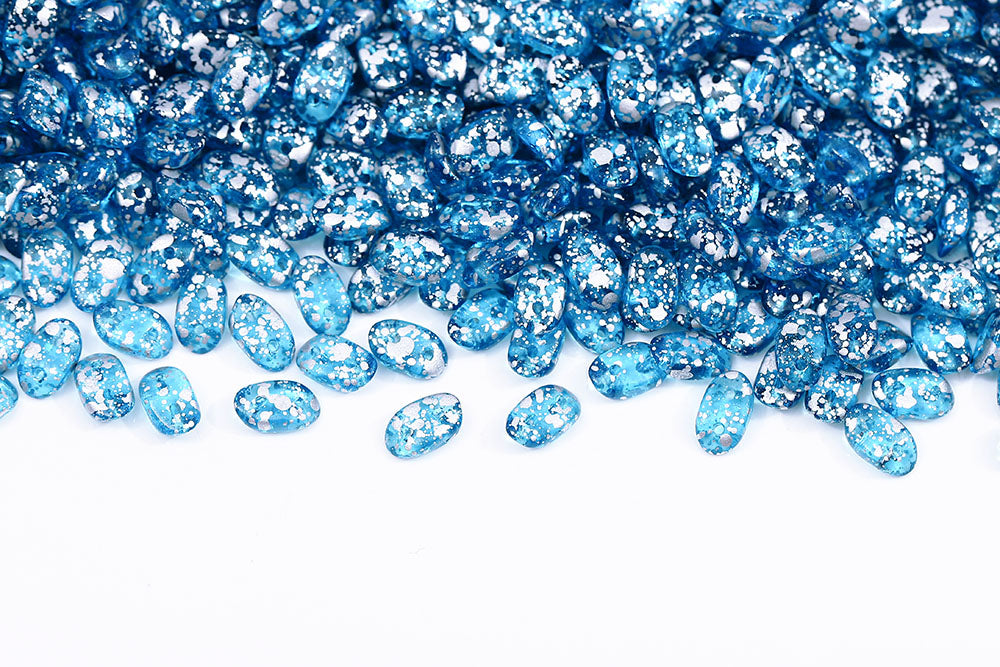 Wave 3×7mm Silver Splash Aquamarine 2-Hole Czech Beads