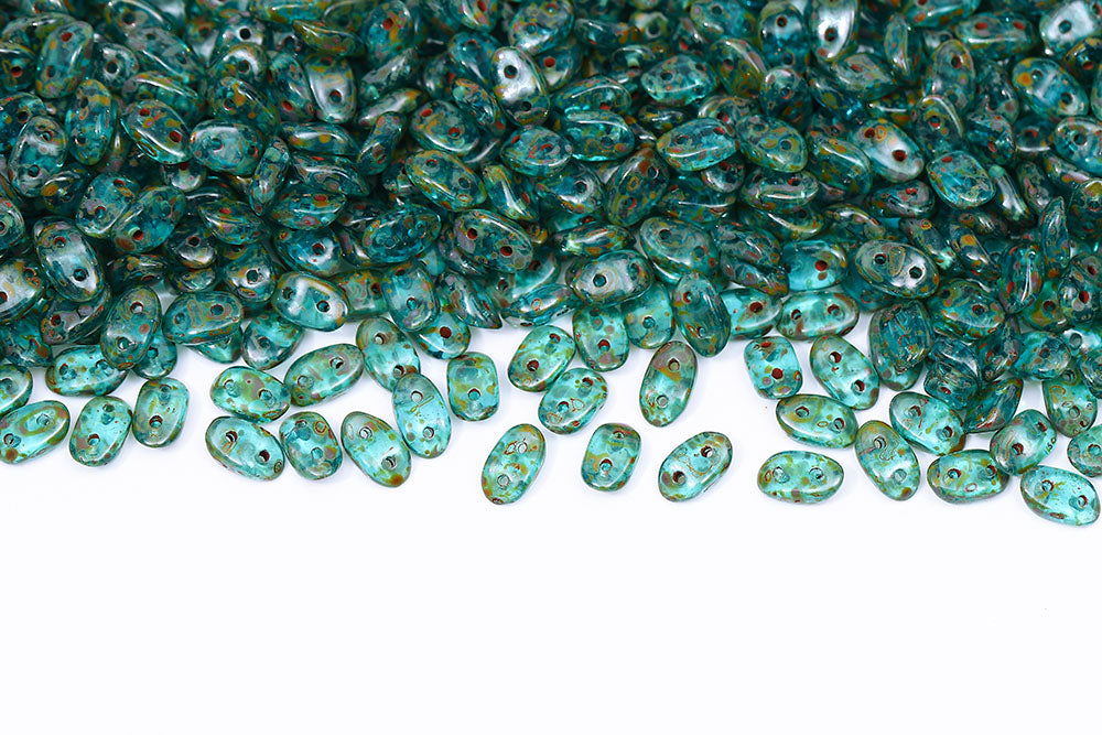 Wave 3×7mm Aquamarine Travertin 2-Hole Czech Beads