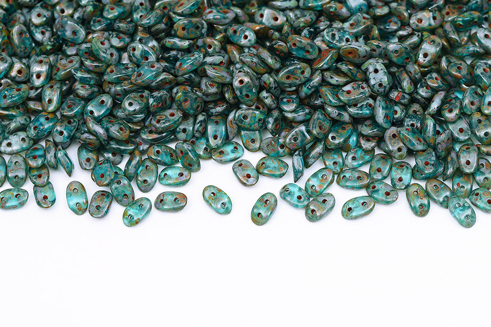 Wave 3×7mm Aquamarine Dark Travertin 2-Hole Czech Beads