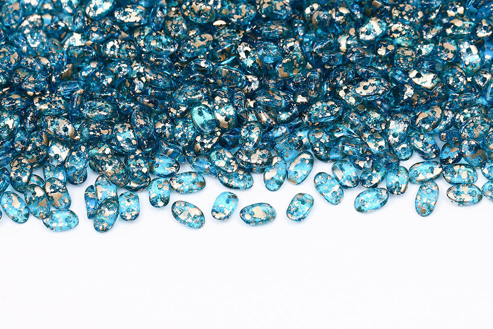 Wave 3×7mm Gold Splash Aquamarine 2-Hole Czech Beads