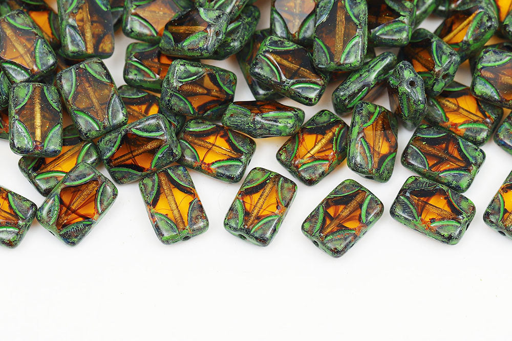 Window Rectangle 12×8mm Brown black stripes Green Finish 1-Hole Czech Beads