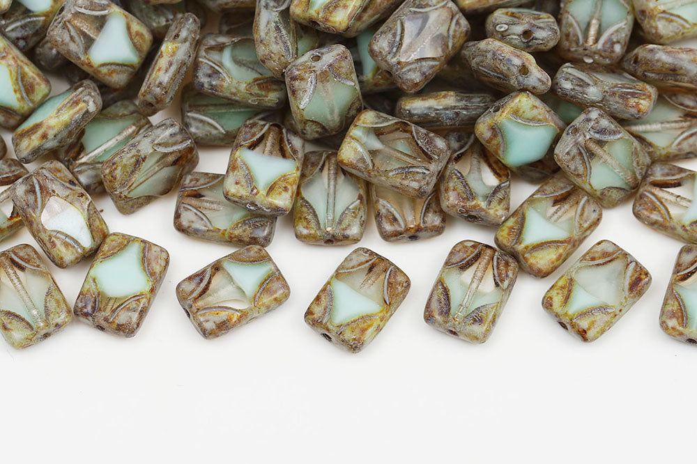 Window Rectangle 12×8mm Crystal Green Opal Travertin 1-Hole Czech Beads