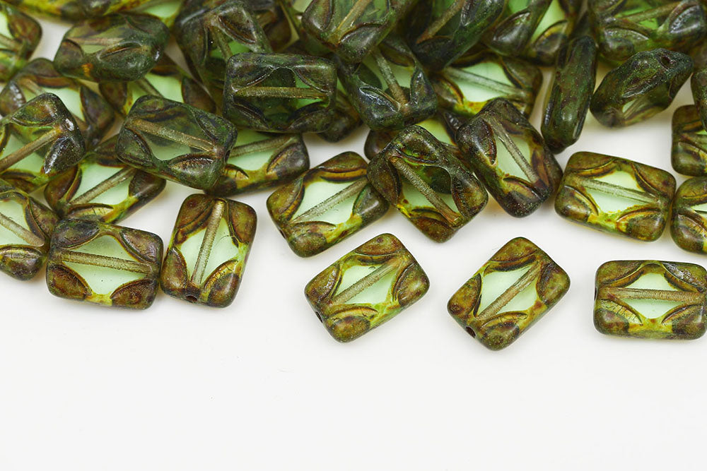 Window Rectangle 12×8mm Grass Green Travertin 1-Hole Czech Beads