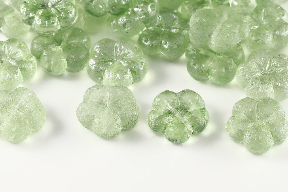 Bombax Flowers 17mm Crystal Green Iris Luster Etched 1-Hole Czech Beads