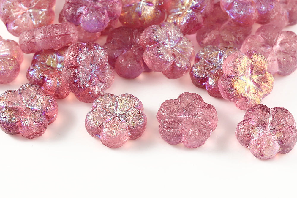 Bombax Flowers 17mm Crystal Rose Colorful Etched 1-Hole Czech Beads