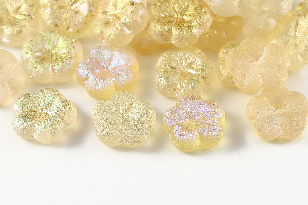 Bombax Flowers 17mm Crystal Yellow Rainbow Etched 1-Hole Czech Beads