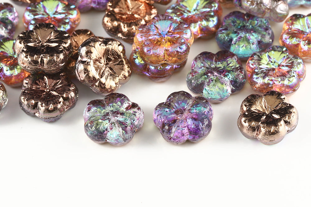 Bombax Flowers 17mm Crystal Cooper Rainbow 1-Hole Czech Beads