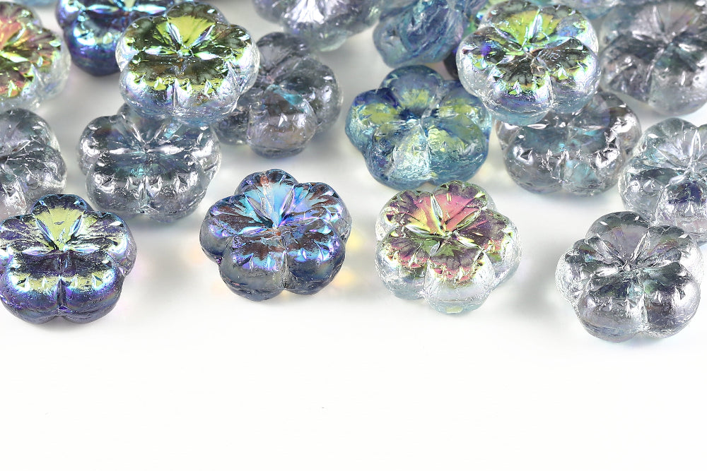 Bombax Flowers 17mm Crystal Blue Rainbow 1-Hole Czech Beads
