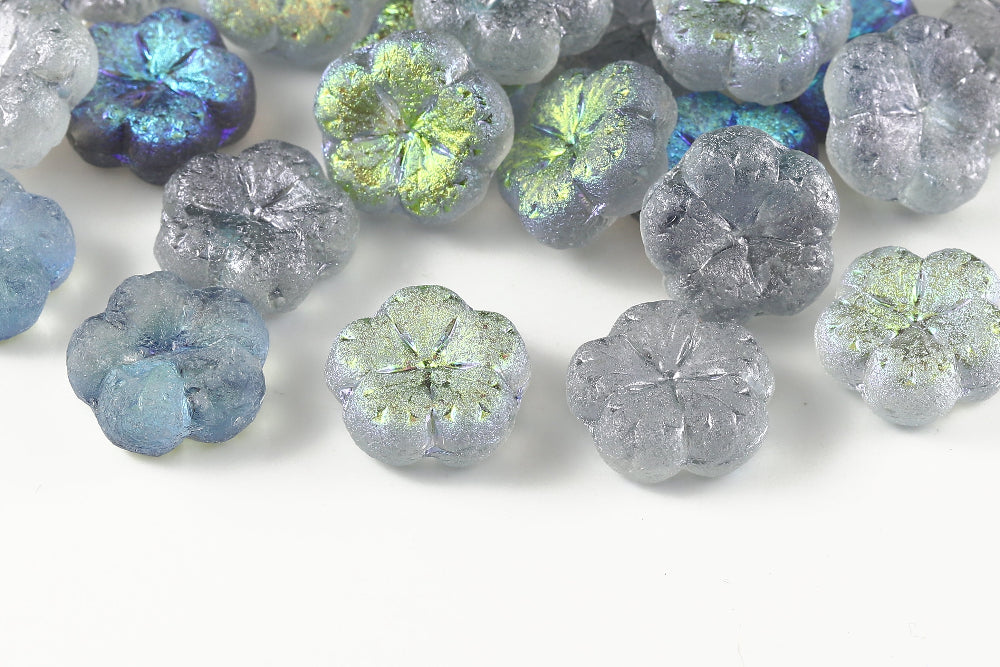 Bombax Flowers 17mm Crystal Blue Rainbow Etched 1-Hole Czech Beads