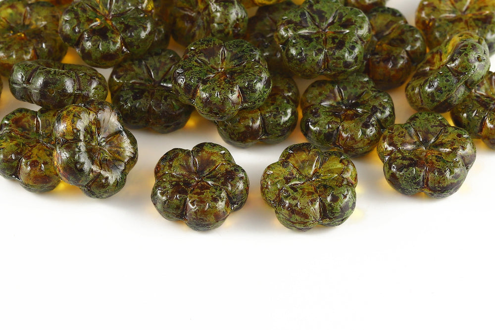 Bombax Flowers 17mm Crystal Travertin Moss Green 1-Hole Czech Beads