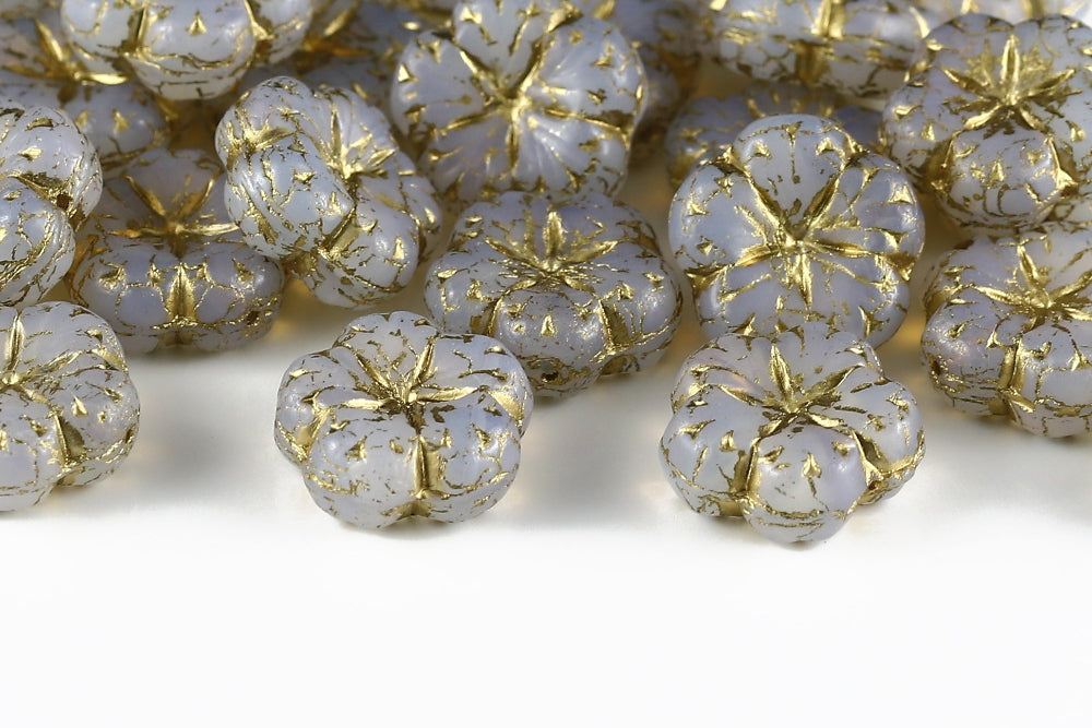 Bombax Flowers 17mm Opal White With Gold 1-Hole Czech Beads