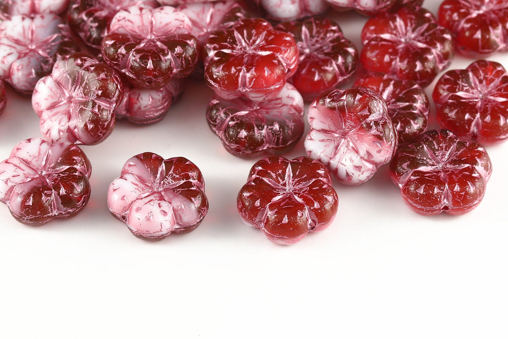 Bombax Flowers 17mm Crystal Red Mixed With Pink 1-Hole Czech Beads