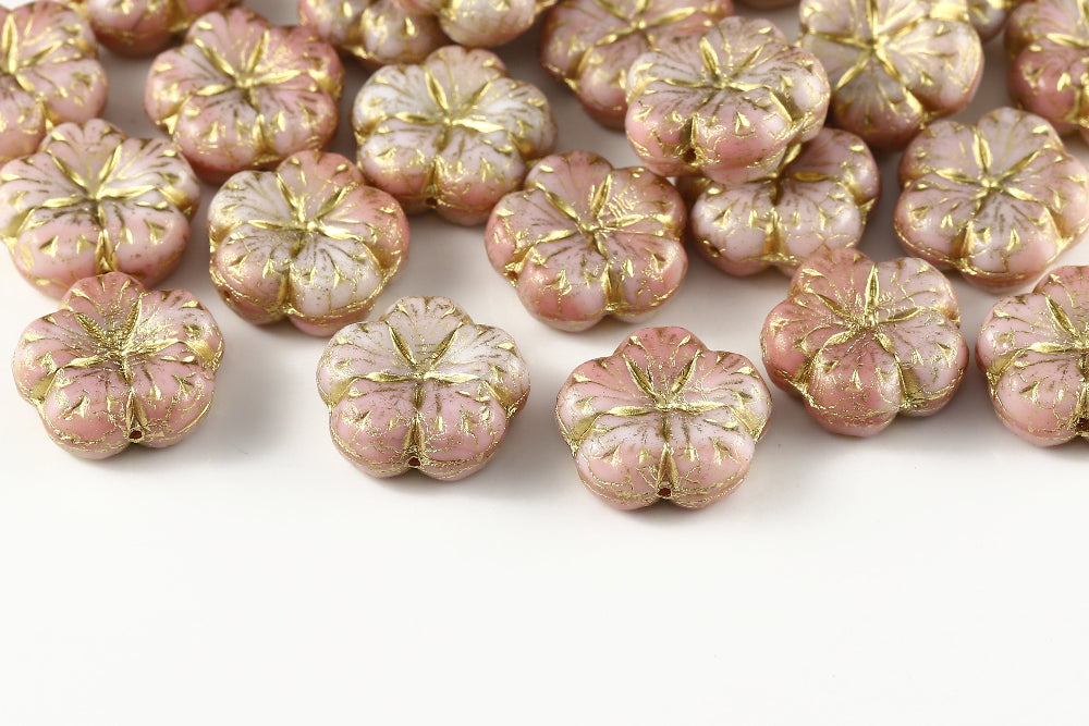 Bombax Flowers 17mm Chalk Rose Mixed With Gold 1-Hole Czech Beads