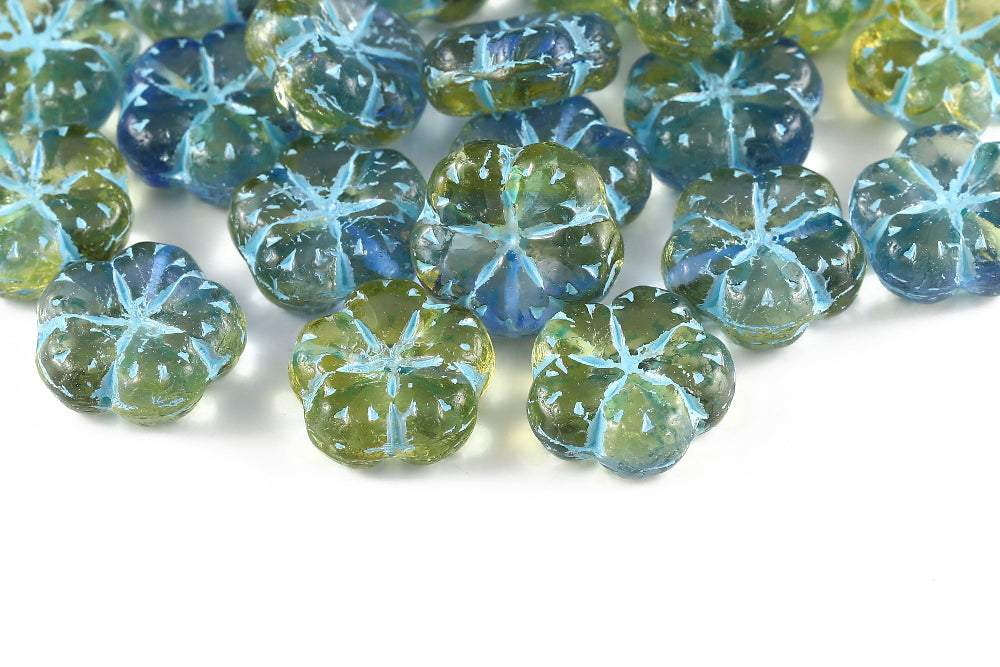 Bombax Flowers 17mm Topaz Medium Sapphire Mixed With Blue 1-Hole Czech Beads
