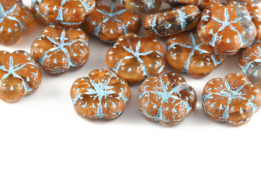 Bombax Flowers 17mm Dark Topaz Brown Mixed With Blue 1-Hole Czech Beads