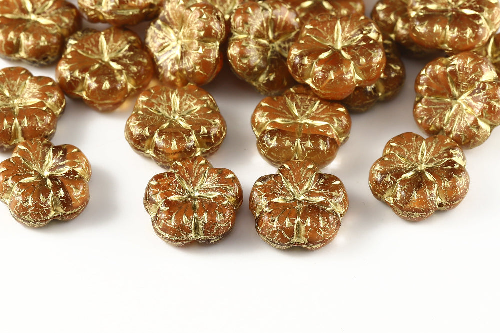 Bombax Flowers 17mm Dark Topaz Brown Mixed With Gold 1-Hole Czech Beads