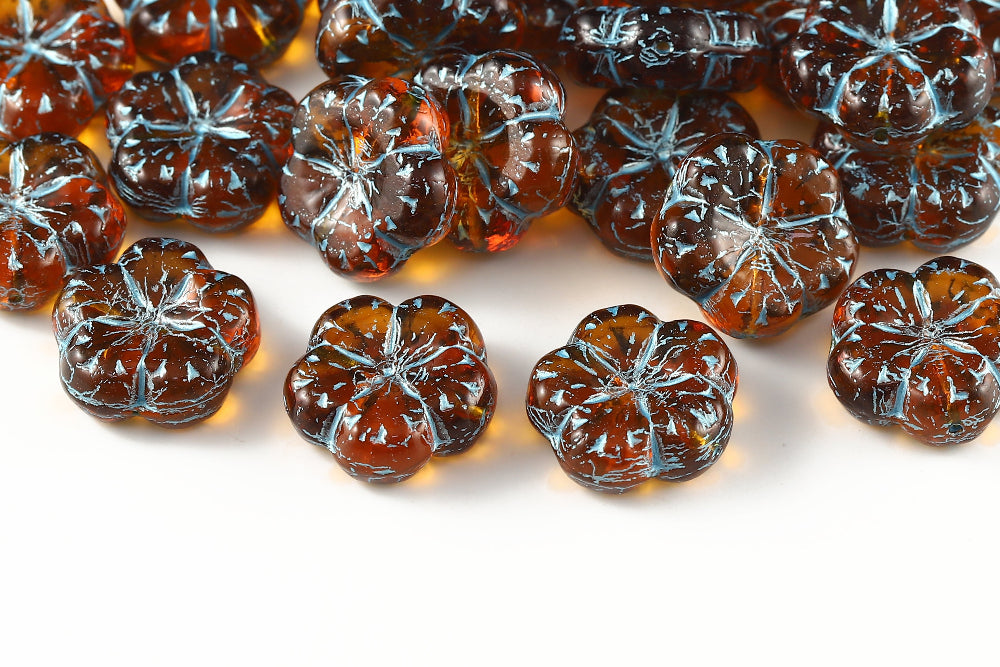 Bombax Flowers 17mm Deep Topaz With Blue 1-Hole Czech Beads