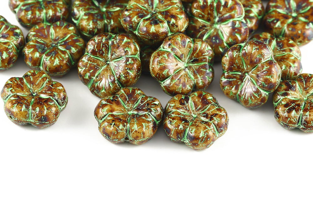 Bombax Flowers 17mm Opaque Lvory Travertin With Green 1-Hole Czech Beads