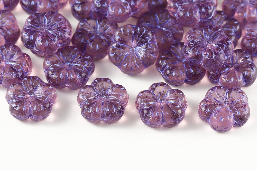 Bombax Flowers 17mm Lt.Amethyst With Metallic Purple 1-Hole Czech Beads
