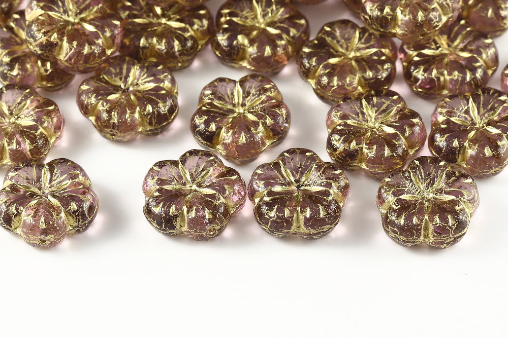 Bombax Flowers 17mm Lt.Amethyst With Gold 1-Hole Czech Beads