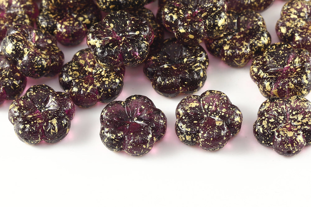 Bombax Flowers 17mm Amethyst Gold Splash 1-Hole Czech Beads
