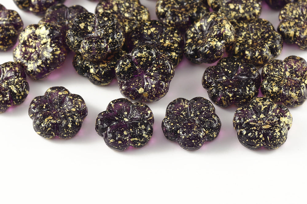 Bombax Flowers 17mm Deep Tanzanite Gold Splash 1-Hole Czech Beads