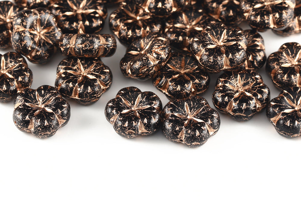 Bombax Flowers 17mm Jet With Copper 1-Hole Czech Beads