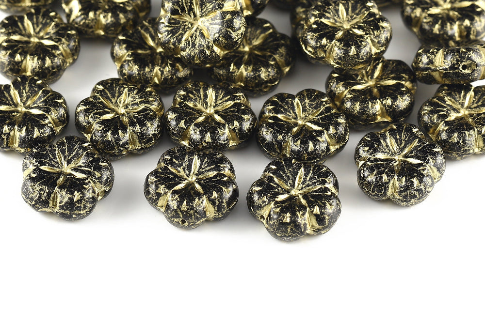 Bombax Flowers 17mm Jet With Gold 1-Hole Czech Beads
