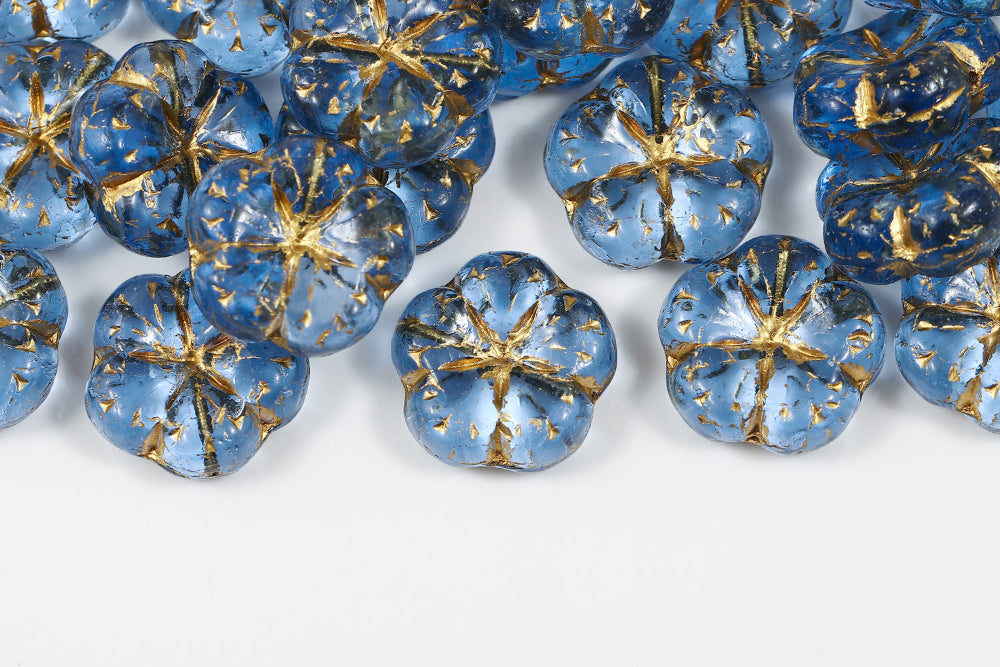 Bombax Flowers 17mm Light Sapphire With Gold 1-Hole Czech Beads