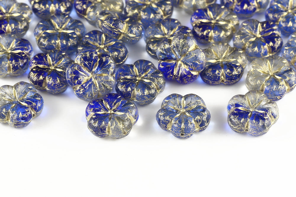 Bombax Flowers 17mm Translucent Blue With Gold 1-Hole Czech Beads